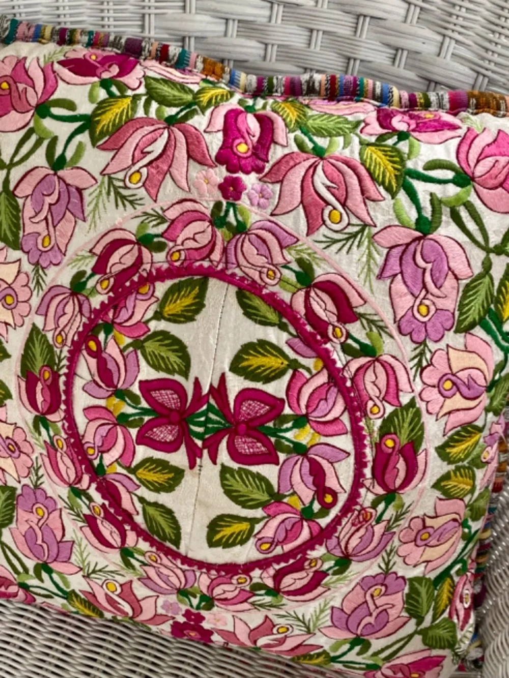 Flowered Pillow, Cushion, Embroidered Asian Design. Square. Washable. Zipper